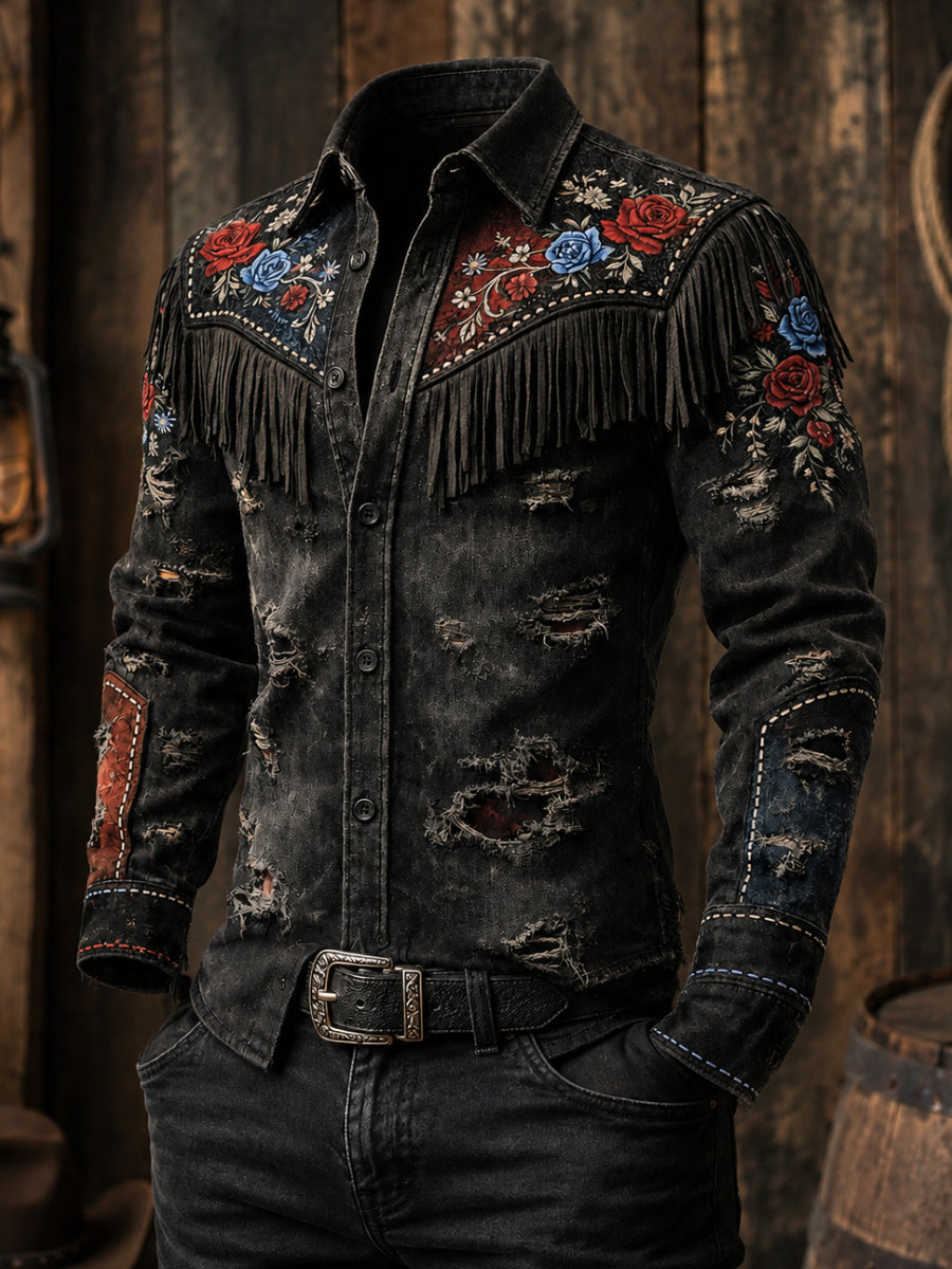 Men's Retro Western Style Print Vintage Tassel Casual Long Sleeve Shirt